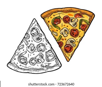 Slice pizza mexican. Top view. Vintage vector drawn engraving illustration for poster, menu, box. Isolated on white background