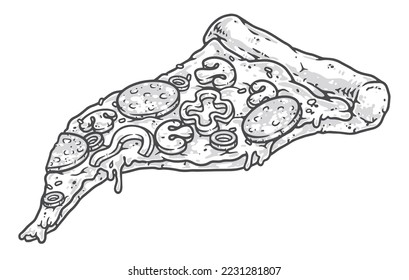 Slice pizza monochrome vintage logotype appetizer from traditional Italian cuisine with sausage and mushrooms for restaurant menu design vector illustration