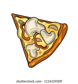 Slice of pizza. Mushrooms, chicken, pepper, cheese. Illustration. Isolated images on white background. Vintage style.