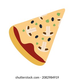 A slice of pizza with mushrooms and olives for use in the design of a pizzeria. Vector isolated image for restaurant or cafe design
