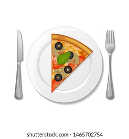 Slice of pizza with mushrooms on the plate, fork, knife on white background. Object for packaging, advertisements, menu. Isolated on white. Vector illustration. Cartoon.