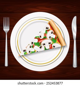 Slice of pizza with mushrooms on white plate. Vector image can be used for menu or food posters design, cards and other crafts.