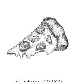 A slice of pizza with mushrooms and sausage. Vector illustration on white background.