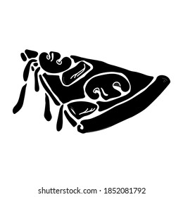 Slice of pizza with mushrooms silhouette, quick baking with mushroom filling, logo for pizzeria or fast food packaging vector illustration for design