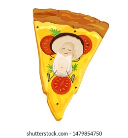 A slice of pizza with mushrooms. White mushroom lies on its back on a piece of pizza and sunbathes.