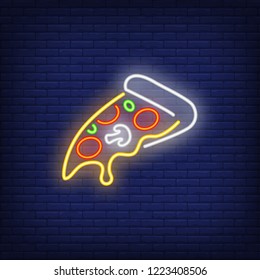 Slice of pizza neon sign. Pizzeria advertisement design. Night bright neon sign, colorful billboard, light banner. Vector illustration in neon style.