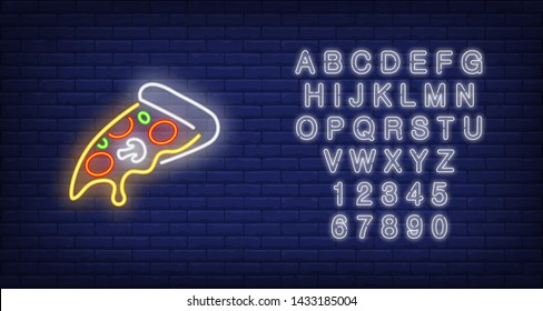 Slice of pizza neon sign. Pizzeria advertisement design. Night bright neon sign, colorful billboard, light banner. Vector illustration in neon style.