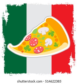 Slice of pizza on the background of the Mexican flag. Fast food and food delivery.