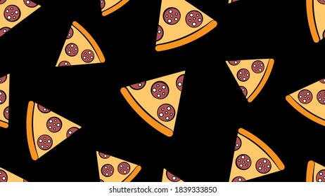 Pizzaseil auf schwarzem Hintergrund, Vektorgrafik, Muster. schädlicher Fast-Food-Snack. Tapete und Küche. ungewöhnliche Tapete-Gestaltung für den Kochbereich