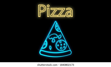 slice of pizza on a black background, vector illustration, neon. neon sign in blue with the inscription pizza. decoration of restaurants and cafes. decor for catering.