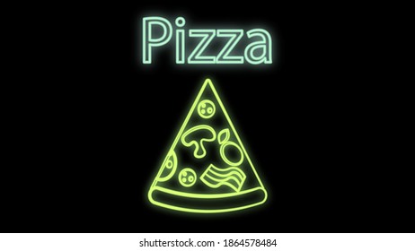 slice of pizza on a black background, vector illustration, neon. neon bright green sign. illumination for cafes and restaurants. bright decoration of the catering building