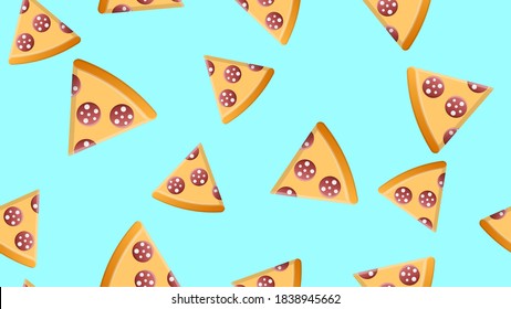 slice of pizza on a blue background, vector illustration, pattern. harmful fast fast food snack. decor of wallpaper and kitchen. unusual wallpaper design for the cooking area.