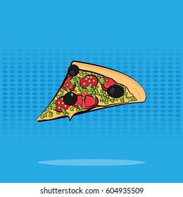 slice of pizza on a bright background in the style of a comic book