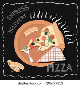 A slice of pizza on chalkboard background