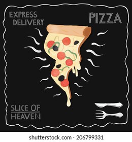 A slice of pizza on chalkboard background