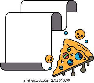 Una rebanada de pizza está en un pedazo de papel con un pergamino. El pergamino es blanco y tiene un borde negro