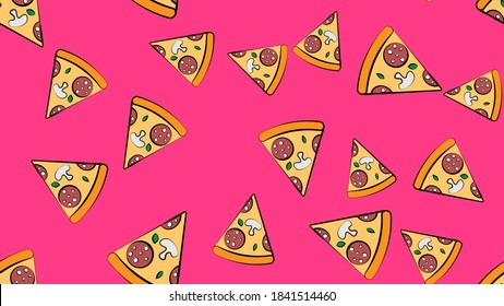 slice of pizza on a pink background, vector illustration, pattern. pizza stuffed with sausage, bacon, mushrooms, cheese and herbs. decor for restaurant and cafe, wallpaper for kitchen.