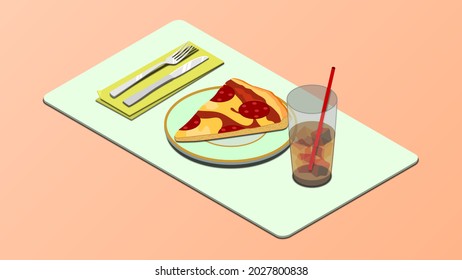 Slice of pizza on plate with drink, fork and knife. Fast food concept. Food serving concept. Isometric vector illustration.