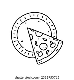 A slice of pizza on a plate isolated on white background. Fast food. Vector hand-drawn illustration in doodle style. Perfect for various designs, cards, logo, menu.