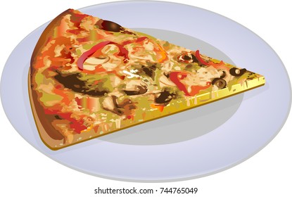 A slice of pizza on a plate with mushrooms, olives and tomato isolated vector illustration