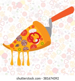Slice of pizza on spatula.