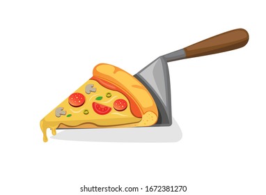 slice pizza on spatula in cartoon flat illustration vector isolated in white background