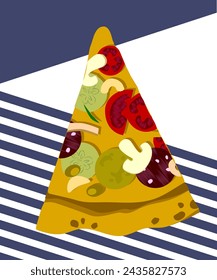 Slice of pizza on a striped background, piece of pizza in flat design style. Vector illustration.