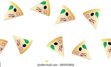 slice of pizza on thin crust, white background, vector illustration, pattern. pizza stuffed with meat and vegetables, with herbs. pattern, kitchen decoration, stylish wallpaper.