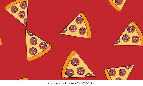 slice of pizza on thin dough, on a red background, vector illustration, pattern. pizza stuffed with meat and herbs, cheese. design and decor of kitchen, wallpaper, fast food and catering.