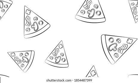 slice of pizza on thin dough, white background, vector illustration, pattern. pizza stuffed with meat, cheese. design and decor of the kitchen. black and white pattern in pencil sketch style.
