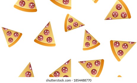 slice of pizza on thin dough, white background, vector illustration, pattern. pizza stuffed with meat and herbs, cheese. design and decor of kitchen, wallpaper, fast food and catering.