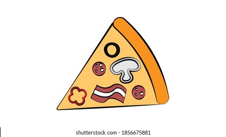 slice of pizza on thin dough, on a white background, vector illustration. pizza with filling, vegetables, mushrooms, meat and sausage. appetizing slice of pizza, fast food snack.
