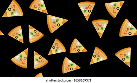 slice of pizza on thin dough, on a black background, vector illustration, pattern. pizza stuffed with meat and herbs, cheese. design and decor of kitchen, wallpaper, fast food and catering.
