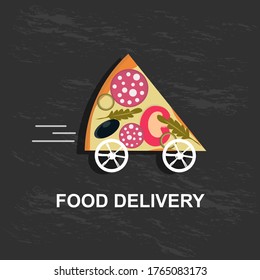 Slice of pizza on wheels over black, food delivery concept, creative image for delivery service