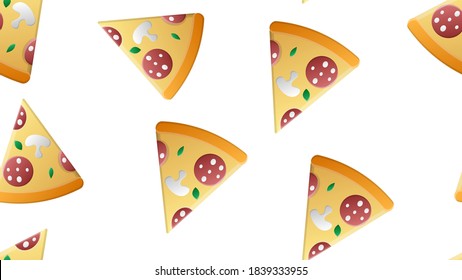 slice of pizza on a white background, vector illustration, pattern. pizza stuffed with sausage, bacon, mushrooms, cheese and herbs. decor for restaurant and cafe, wallpaper for kitchen