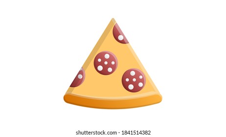 slice of pizza on a white background, vector illustration. appetizing pizza on thin dough stuffed with sausage and bacon, cheese. harmful, high-calorie food. fast food lunch, quick snack.