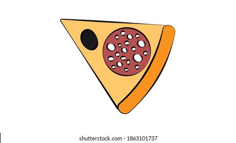 slice of pizza on a white background, vector illustration. an appetizing slice of pizza stuffed with salami and black olives. fatty fast food lunch, salty high-calorie snack.