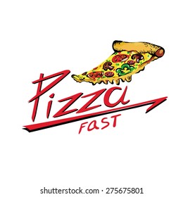 slice of pizza on a white background with the words