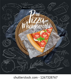 Slice Pizza on the wood board Vector illustration. Isolated. Use in the menu, in the shop, in the bar, the card or stickers. Pizza Margarita. 