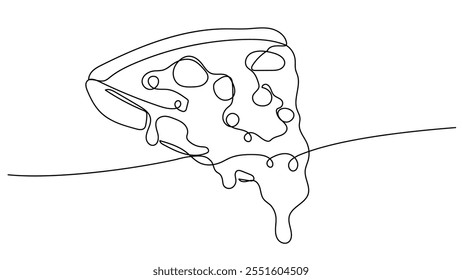 Slice of pizza one continuous line illustration. Hand drawn doodle sketch of fast food