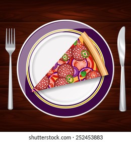 Slice of pizza with onion and salami on beautiful plate. Vector image can be used for menu or food posters design, cards and other crafts.