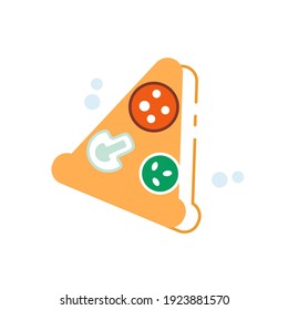 Slice of pizza with outline contour shadow simple vector flat design. Salami sausage, mushrooms, vegetables, greens and cheese ingredients. Pizzeria, tasty fast food eatery logo icon isolated on white