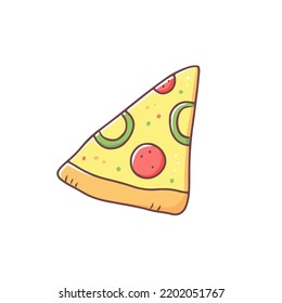 A slice of pizza with pepper and tomato isolated on a white background. Vector fast food illustration.