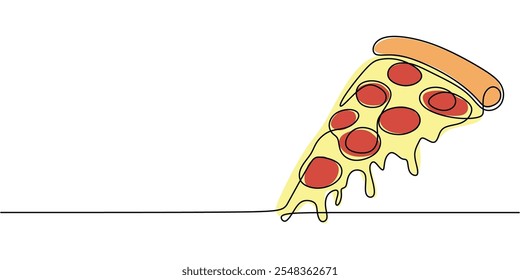 Uma fatia de pizza com pepperoni e queijo, desenhado em estilo de uma linha contínua. Ilustração minimalista do conceito de comida.