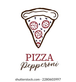 Slice of pizza pepperoni doodle outline vector icon  for delivery service, restaurant, dinner and italian menu. Graphic icon, logo on white background. Pizzeria logo template.