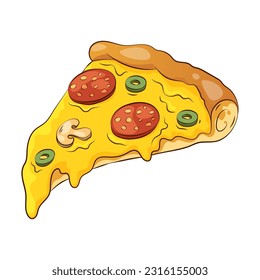 Slice of pizza with pepperoni, mushrooms and olives. Vector illustration