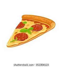 Slice Of Pizza Pepperoni. Vector Flat Illustration Isolated On White Background. Hand Drawn Design Element For Label And Poster