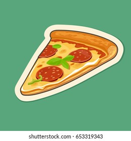 Slice pizza pepperoni. Vector flat illustration for poster, menu, brochure, web and icon. Isolated on turquoise background.