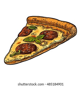 Slice pizza pepperoni. Vintage color vector drawn engraving illustration for poster, menu, box. Isolated on white background