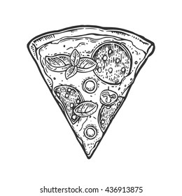 Slice pizza pepperoni. Vintage vector drawn engraving illustration for poster, menu, box. Isolated on white background